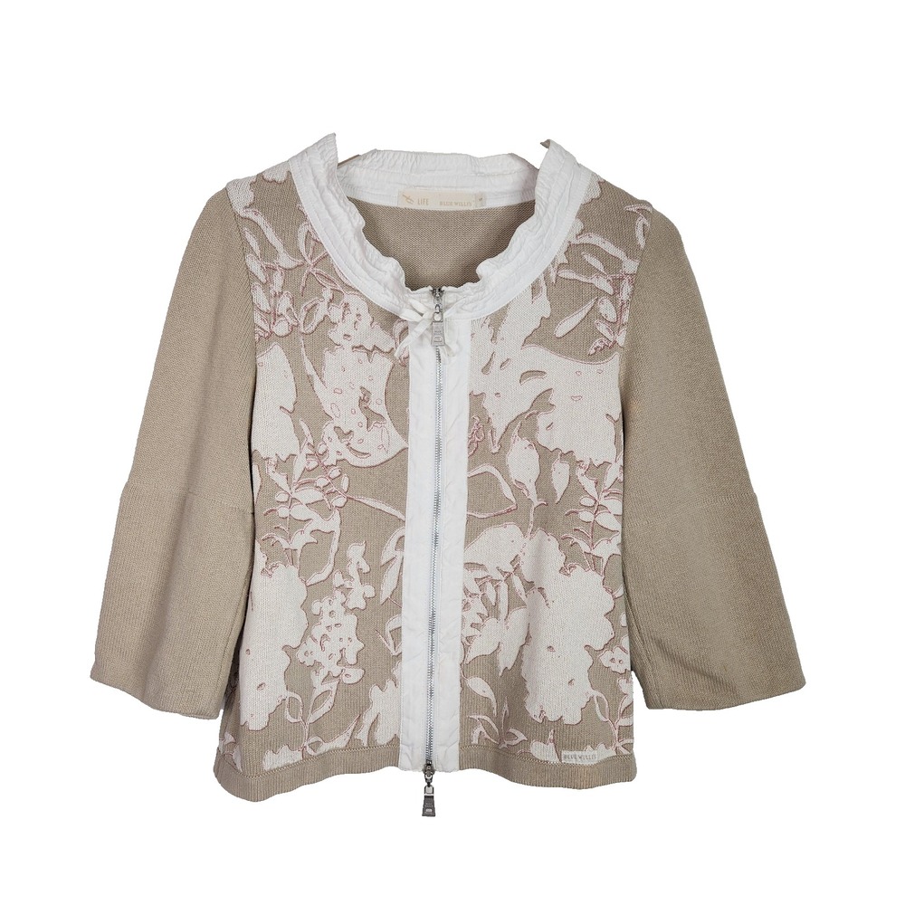 BLUE WILLIS Cardigan Sweater Womens Small Beige Floral Zip Front Cotton‎